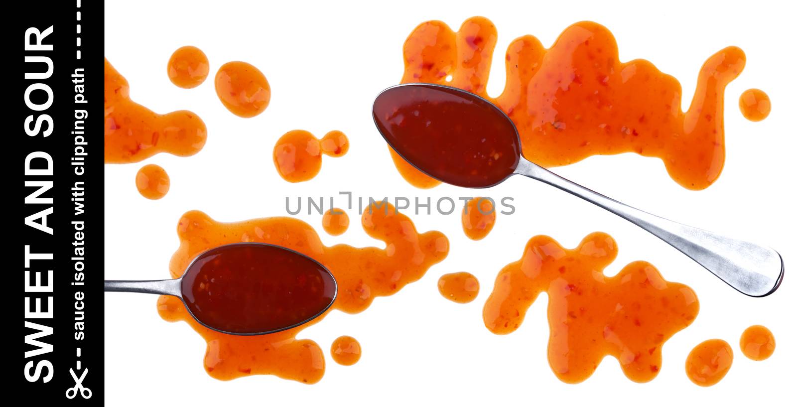 Sweet and sour sauce. Splashes and spilled orange sauce with spoon isolated on white background with clipping path. Top view