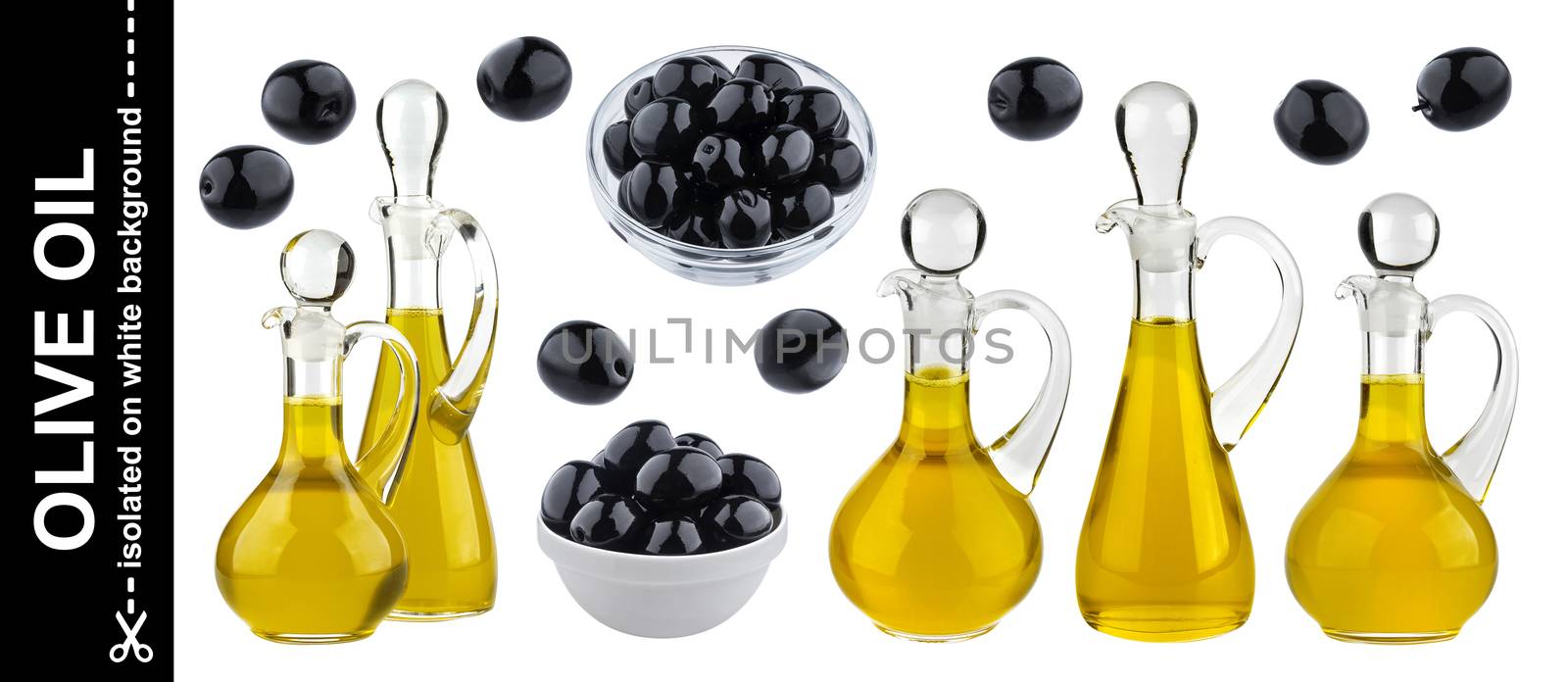 Olive oil isolated on white background with clipping path. Black olives collection