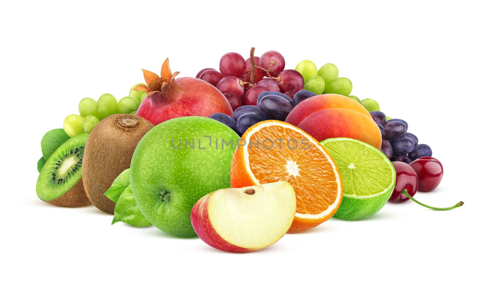 Heap of different fruits and berries isolated on white background with clipping path