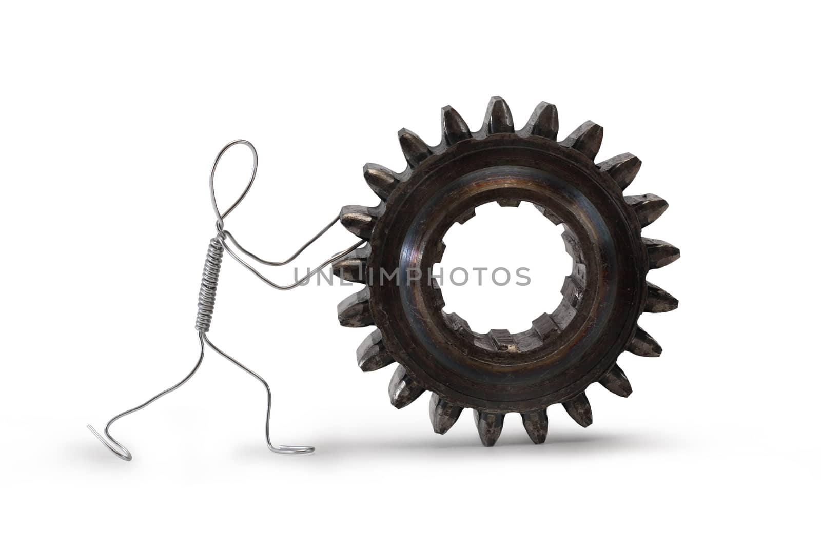 Worker made from aluminum wire pushes the gear on white background