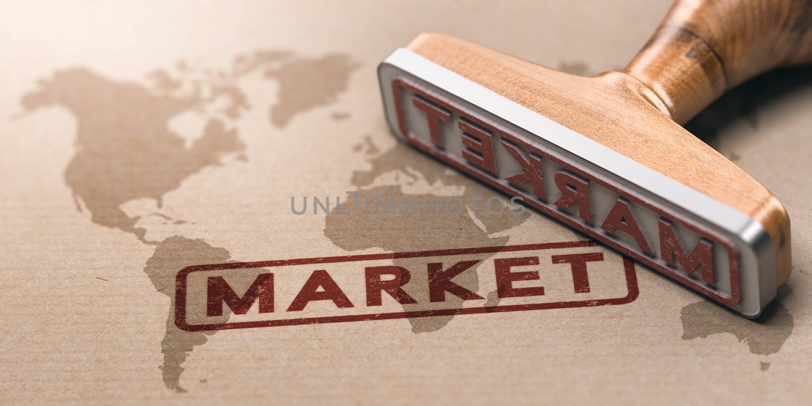 3D illustration of a rubber stamp over paper background with a world map watermarked. Concept of global market or international business development