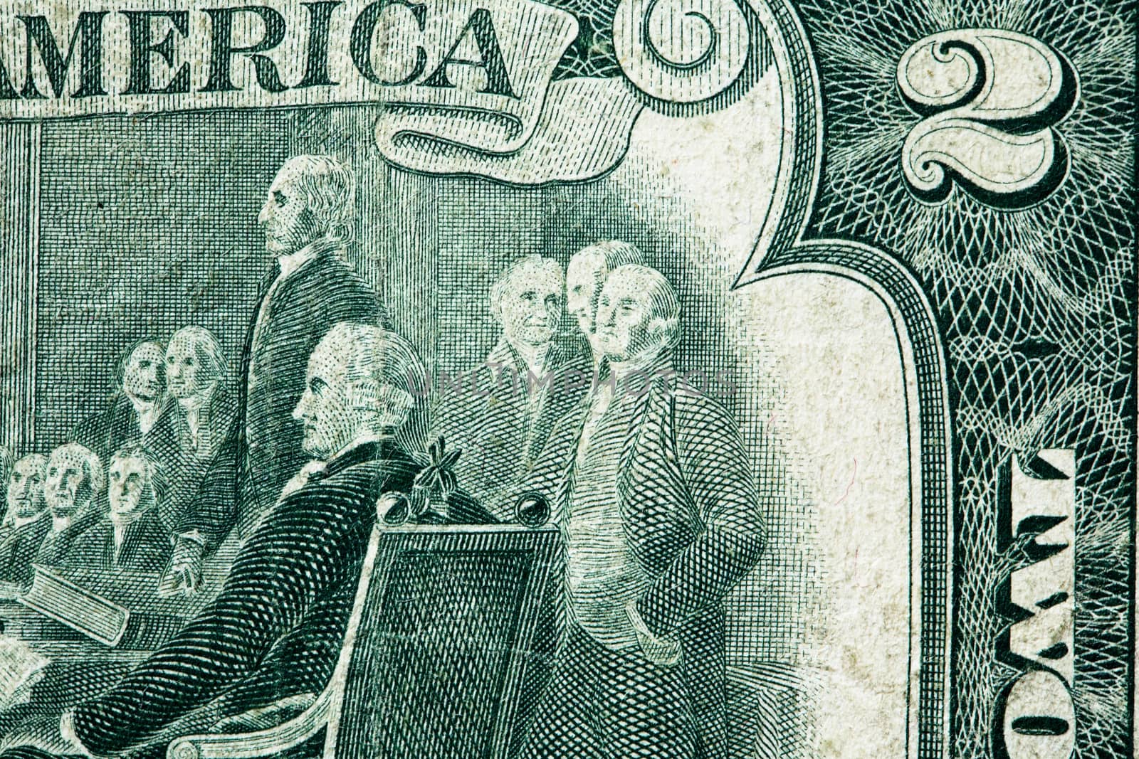 Fragment of old two USA dollar banknote extreme closeup