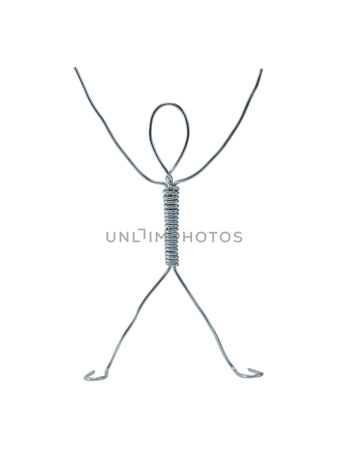 Man made from aluminum wire standing with his hands up