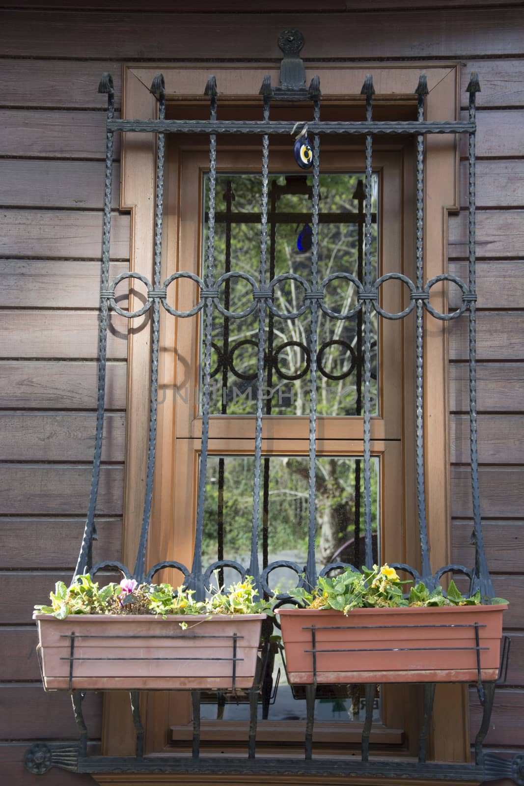 Twin window decorated with flowers.There are window guardrails for safety