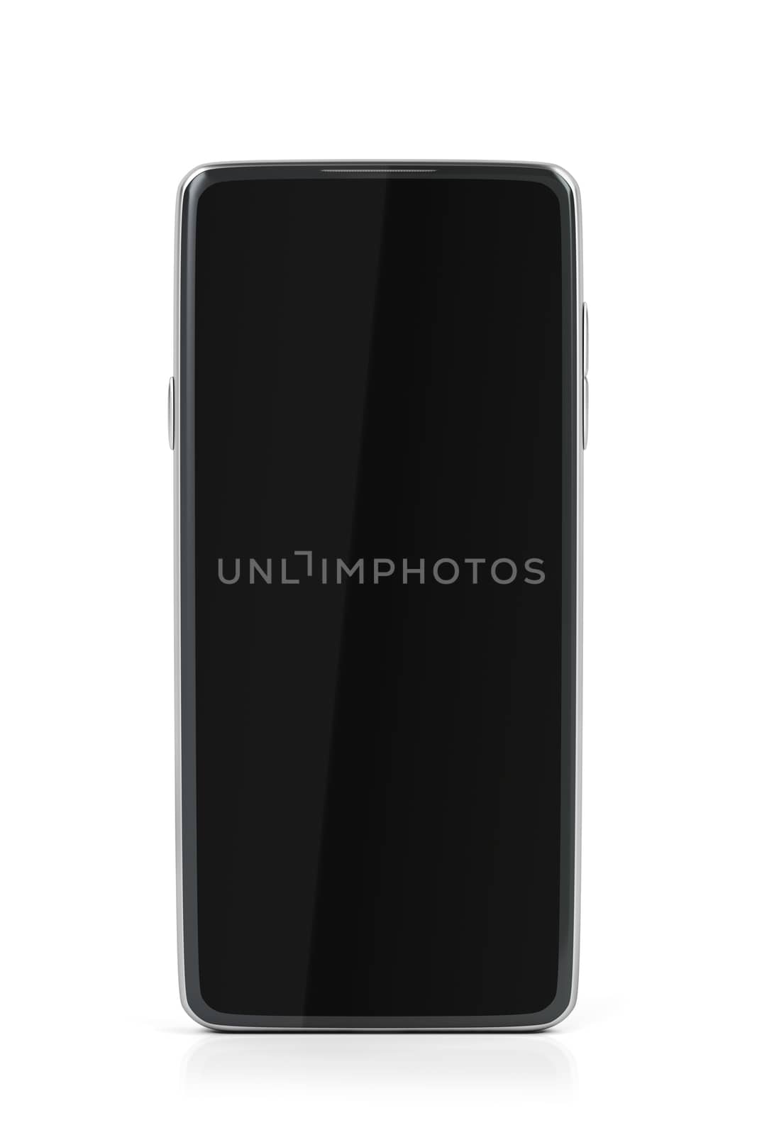 Front view of smartphone with black empty screen on white background