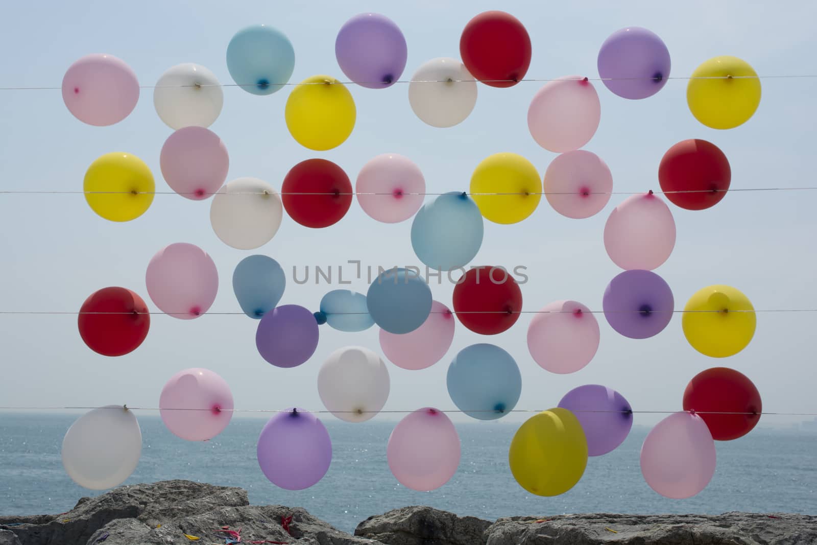 Colored balloons hanging on rope. For an air rifle shooting and blasting game