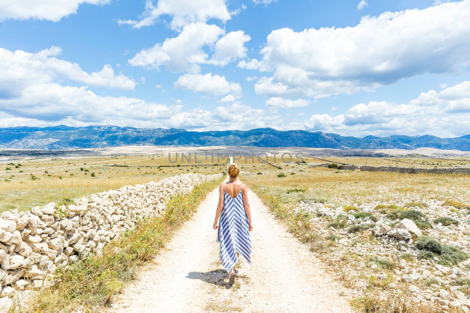 Caucasian young woman in summer dress holding bouquet of lavender flowers while walking outdoor through dry rocky Mediterranean Croatian coast lanscape on Pag island in summertime.