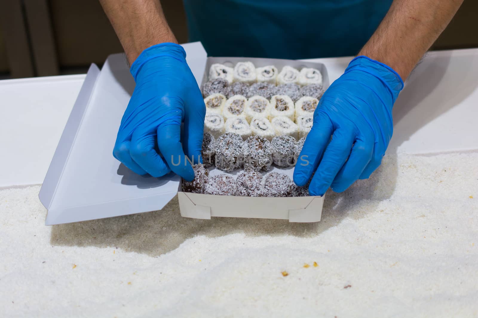 Turkish delight lined up in a box
abundant amount of coconut. "Afyonkarahisar"/Turkey