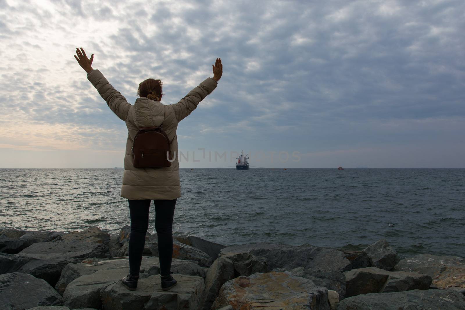 the young girl cries out by opening her arms to a magnificent view, freedom