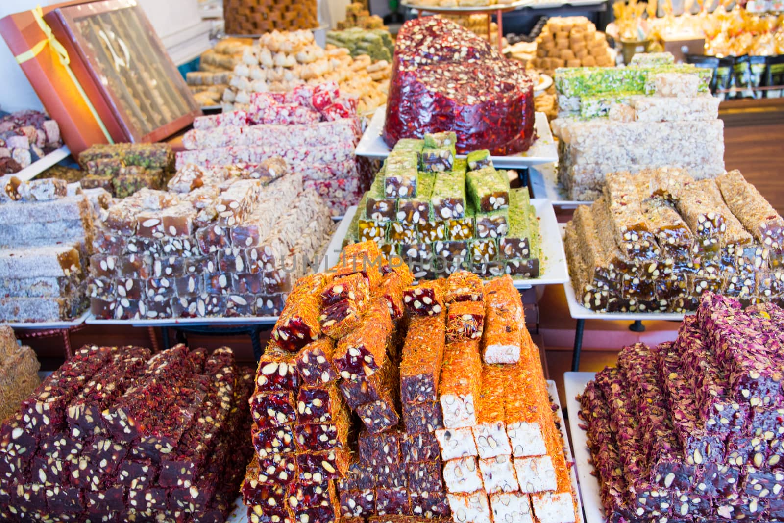 a heap of Turkish flavors with a variety of flavors and snacks. "Turkish delight" chocolate, almond paste, hazelnut and pistachio varieties