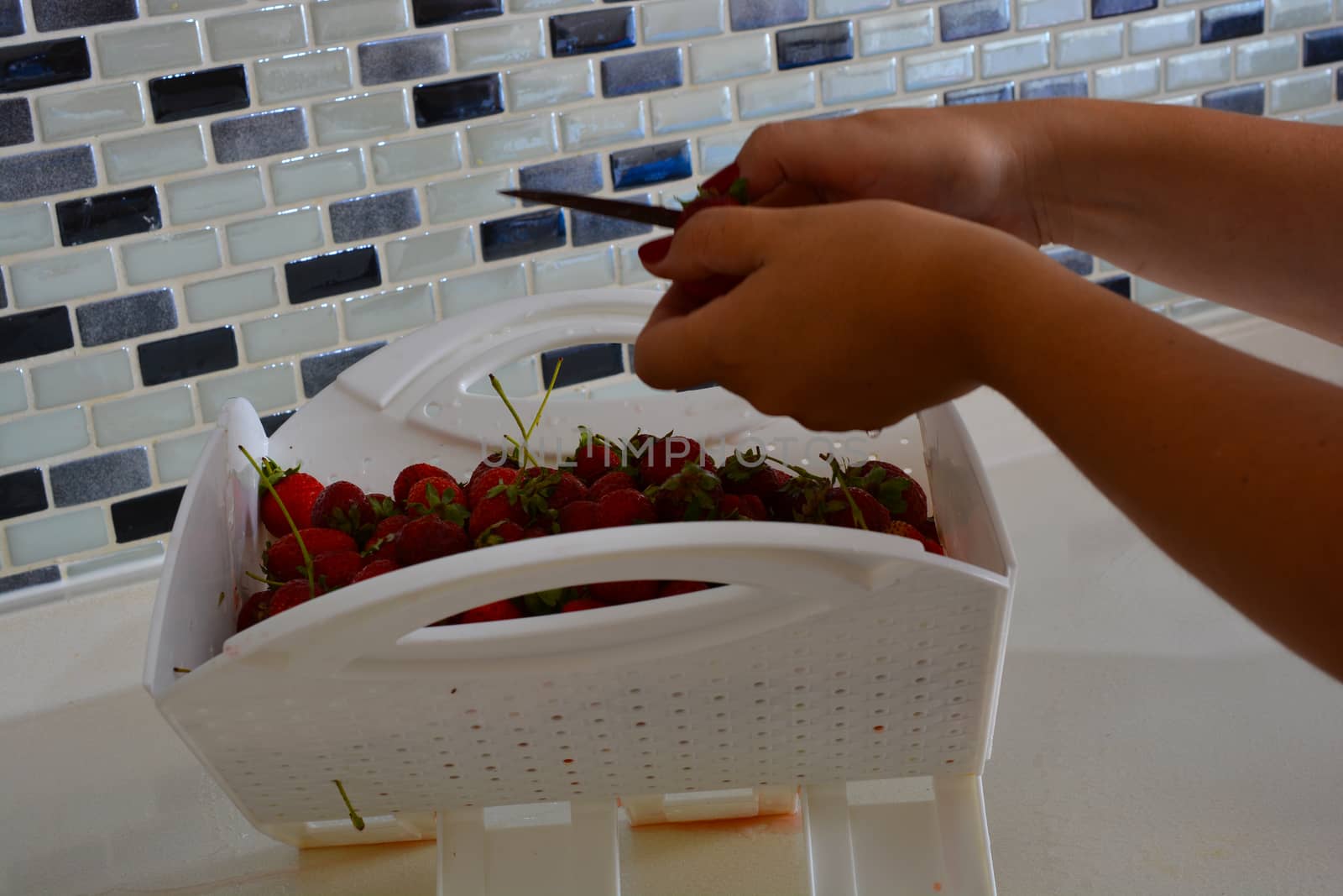 woman cleans newly collected strawberries with a knife