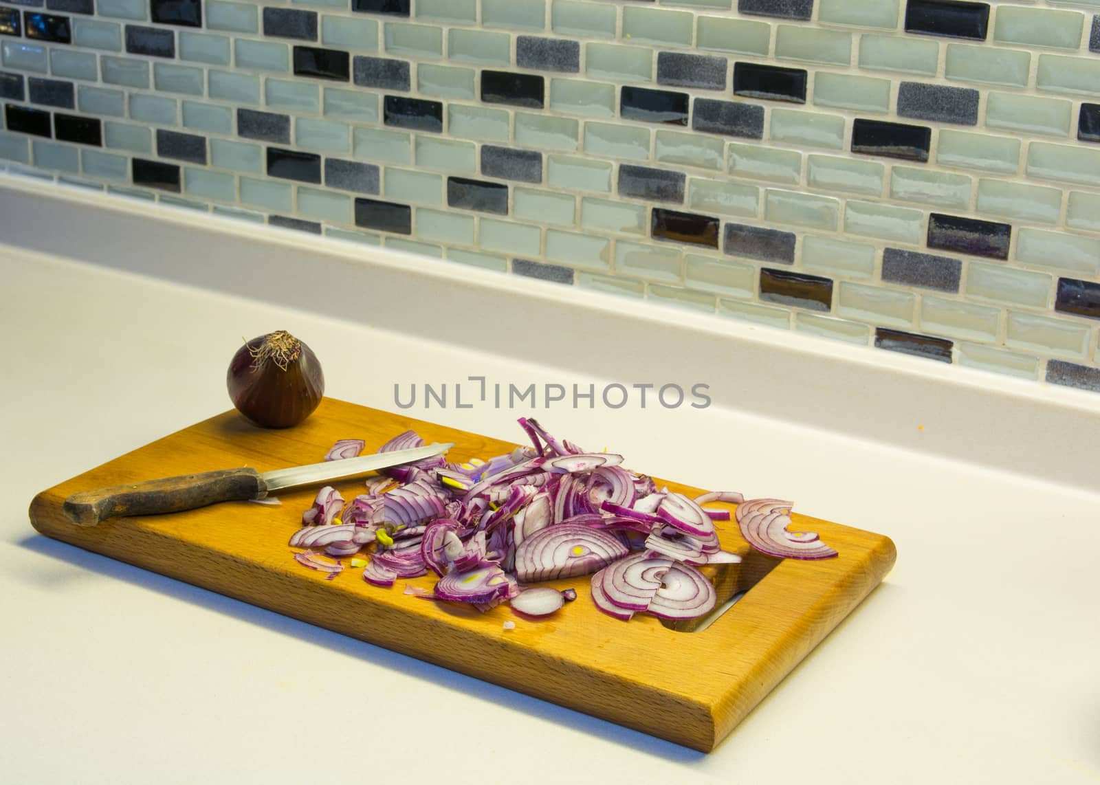 cut onion on the counter.dinner preparation