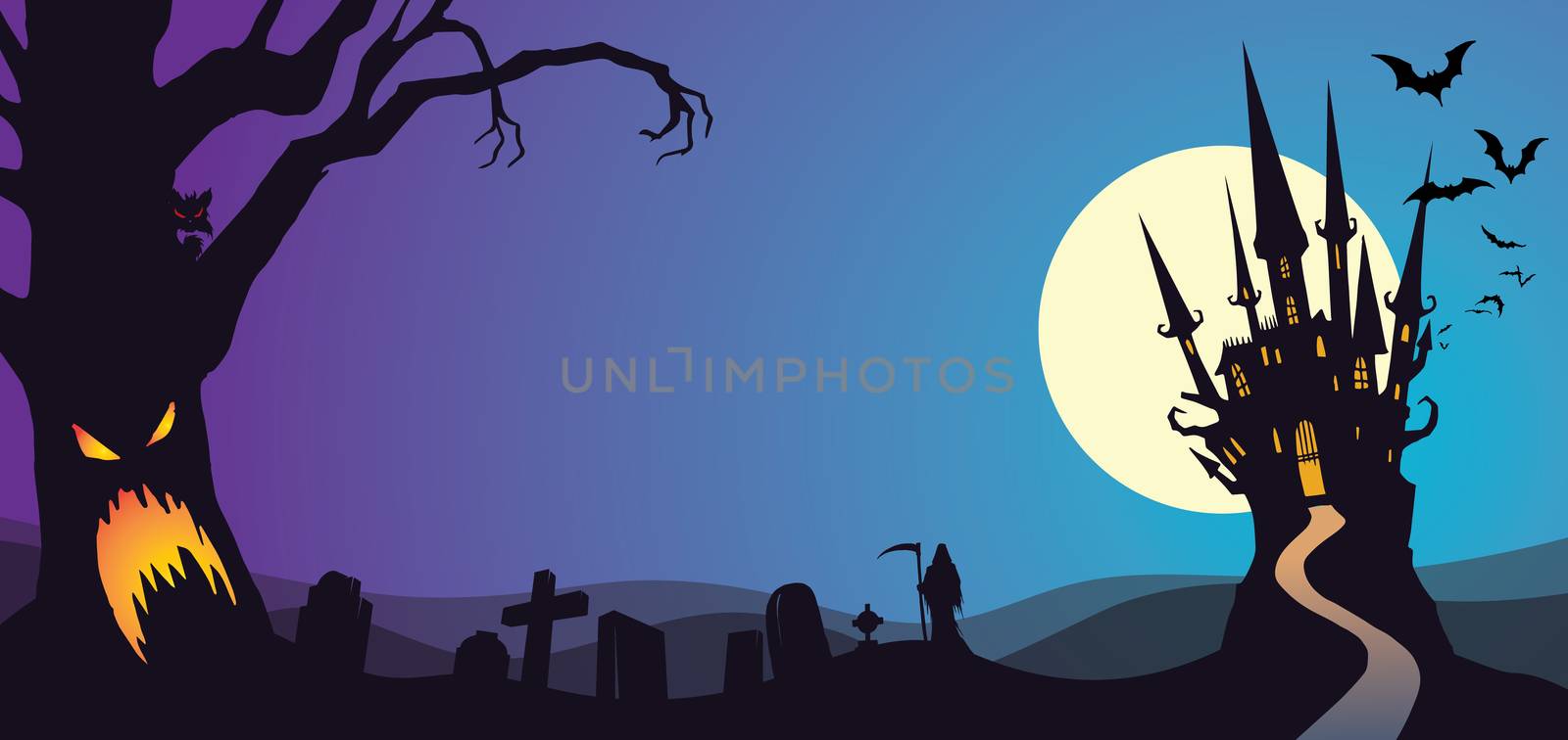 Halloween haunted graveyard castle and tree face with bats in night sky