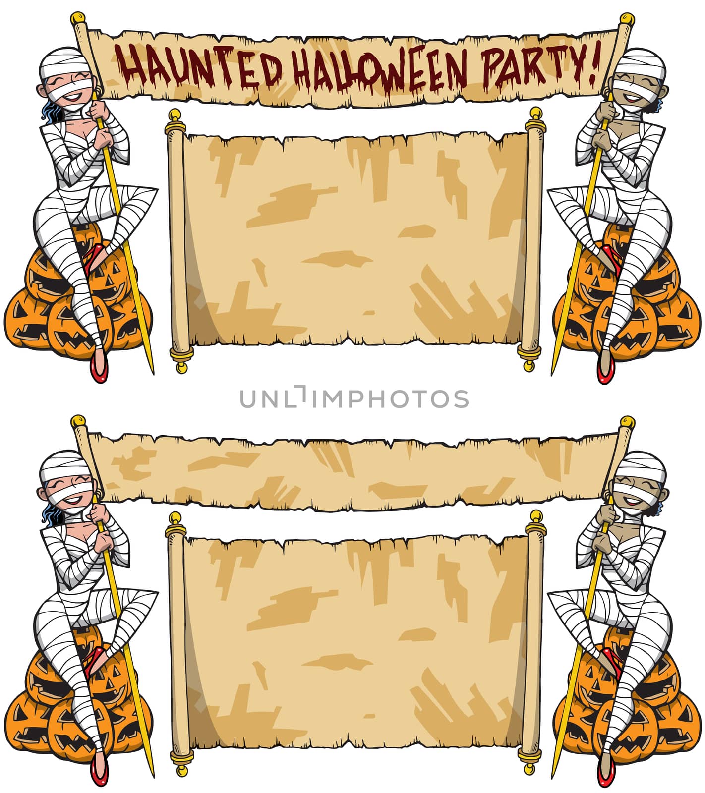Girls in mummy costumes holding banner Halloween Haunted House Party