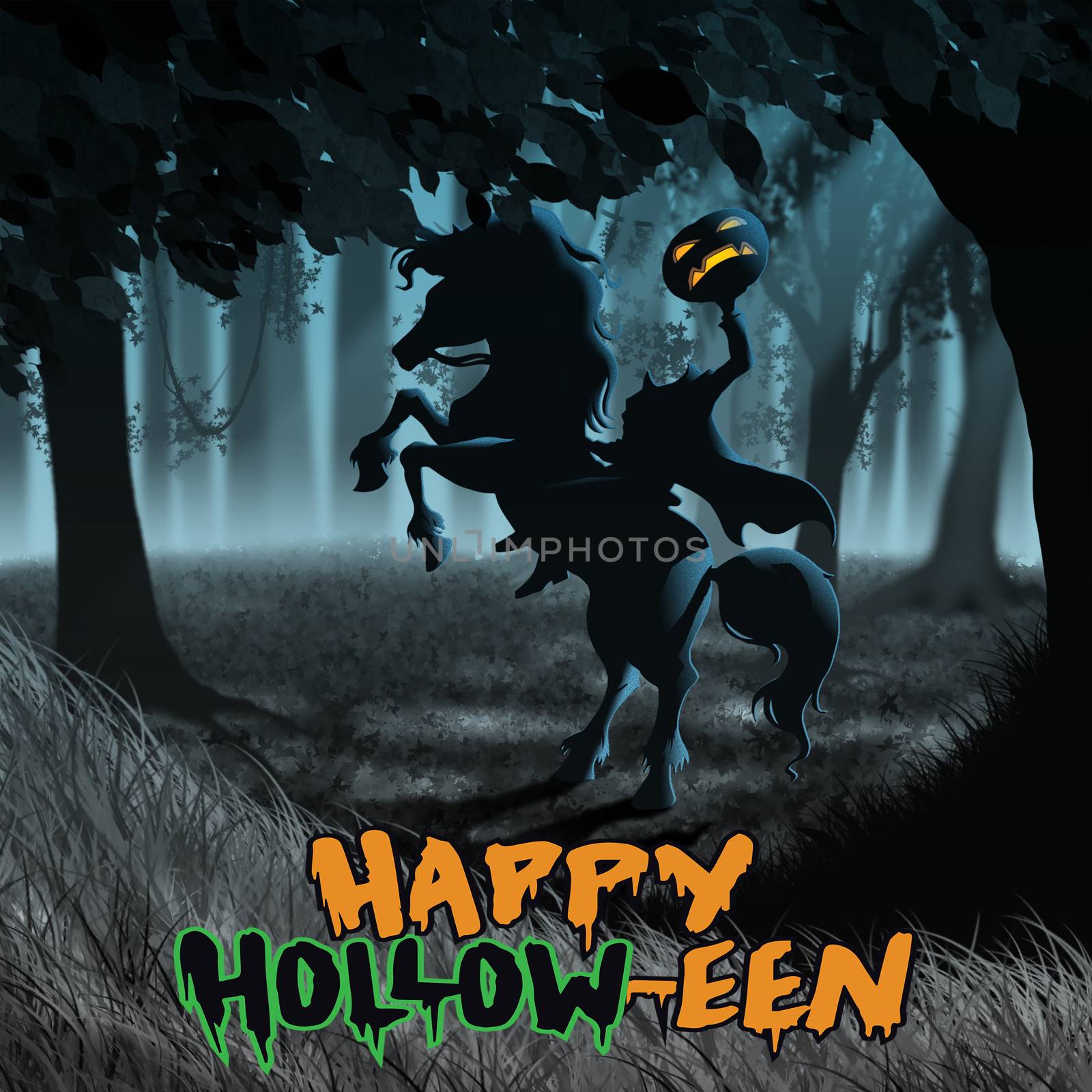 Halloween Headless Horseman with pumpkin in moody forest in Sleepy Hollow New york