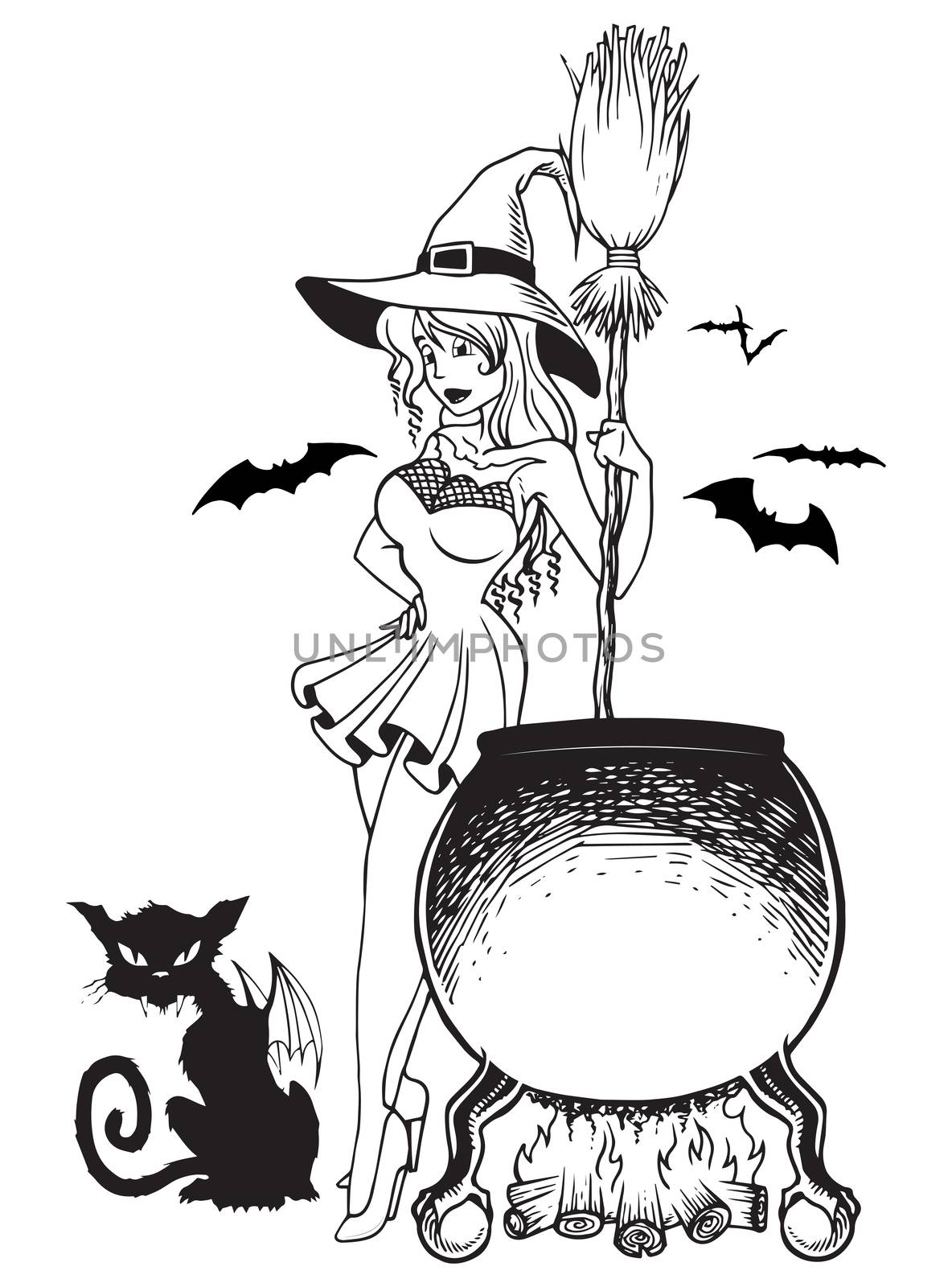 Witch Cauldron And Cat Bat Line Art by illstudio