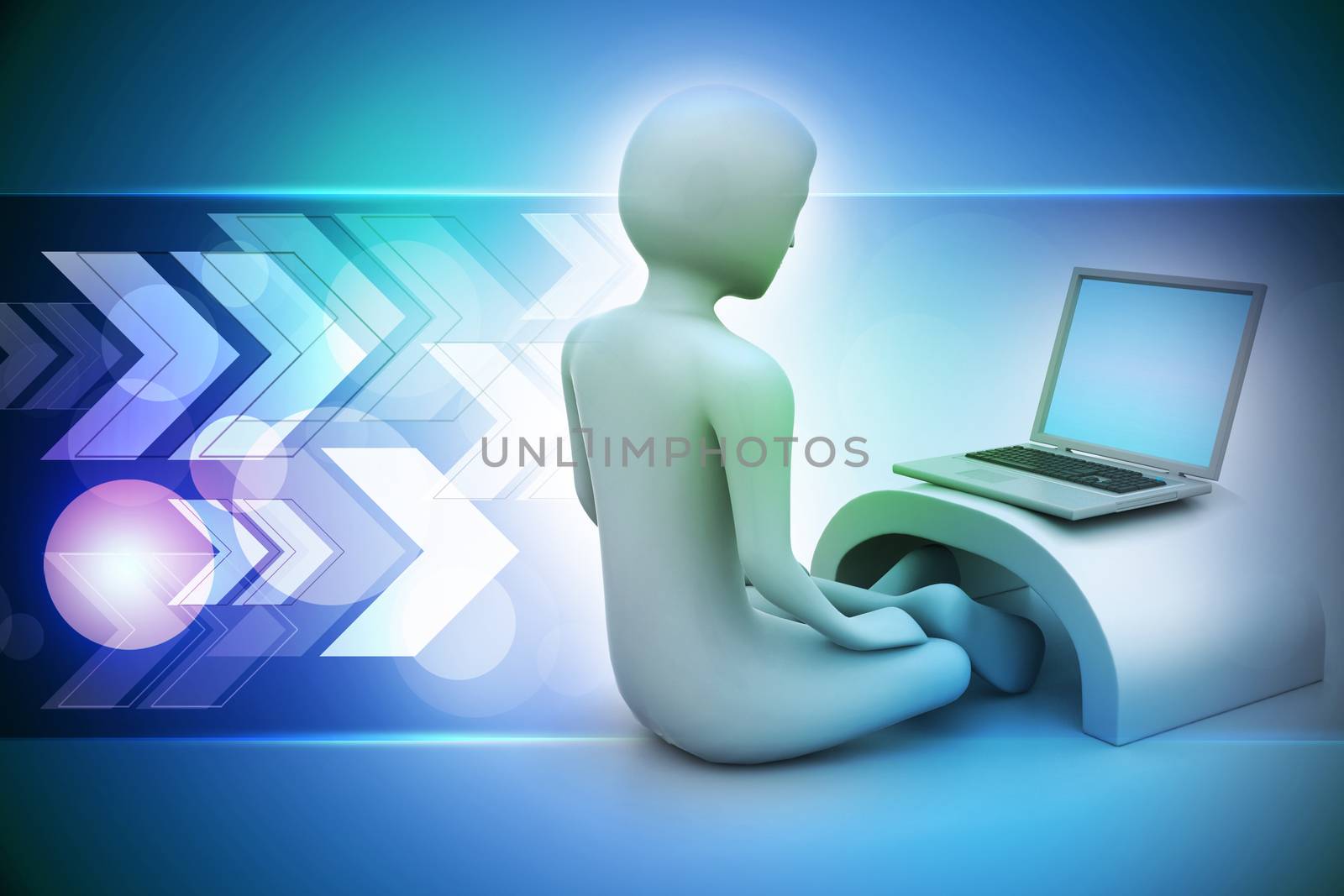 3d man in meditation with laptop by rbhavana