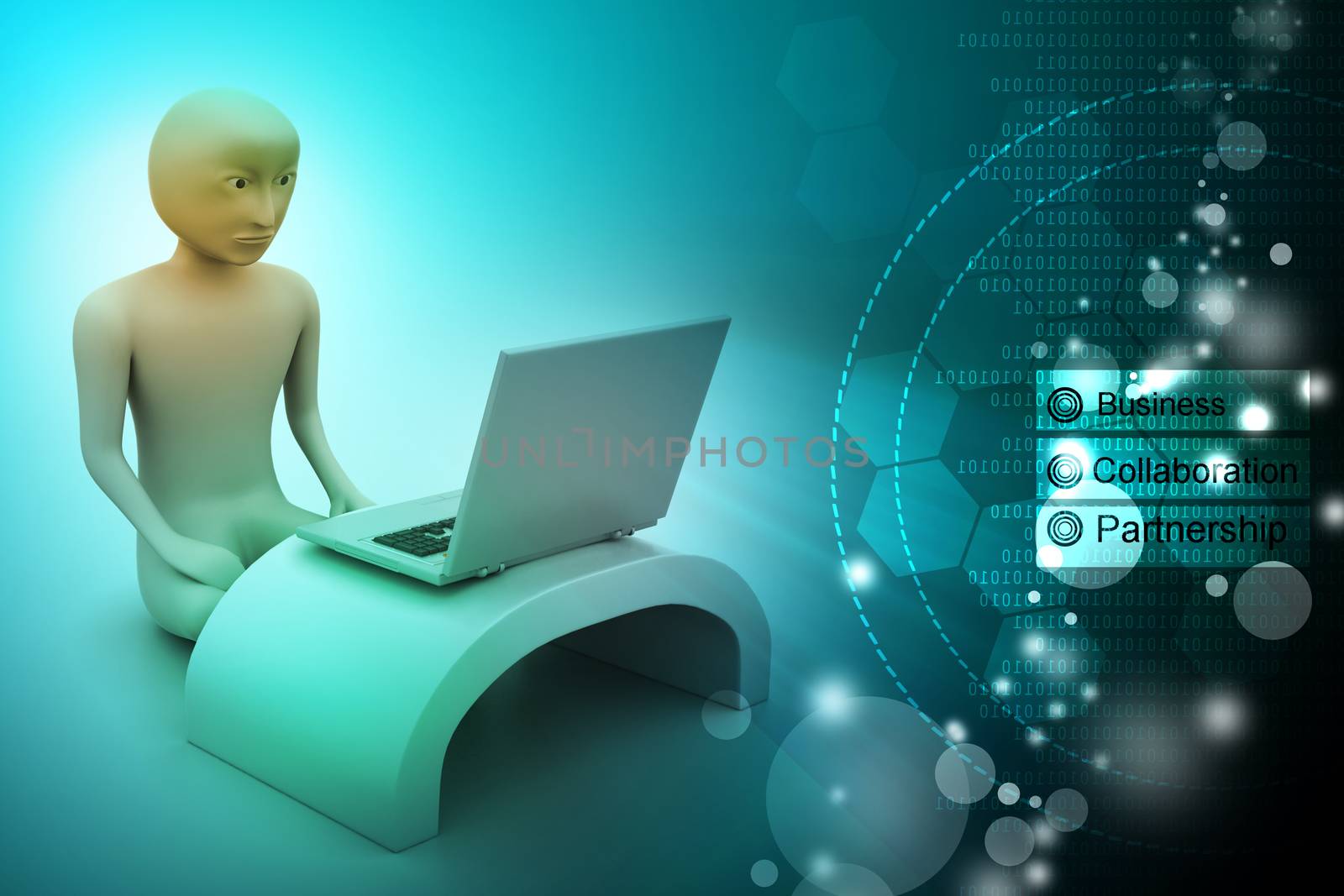 3d man in meditation with laptop