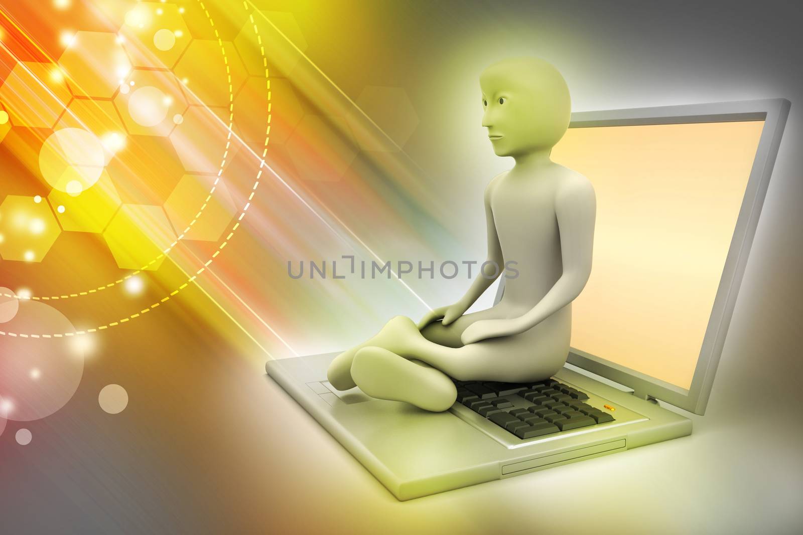 3d man in meditation with laptop