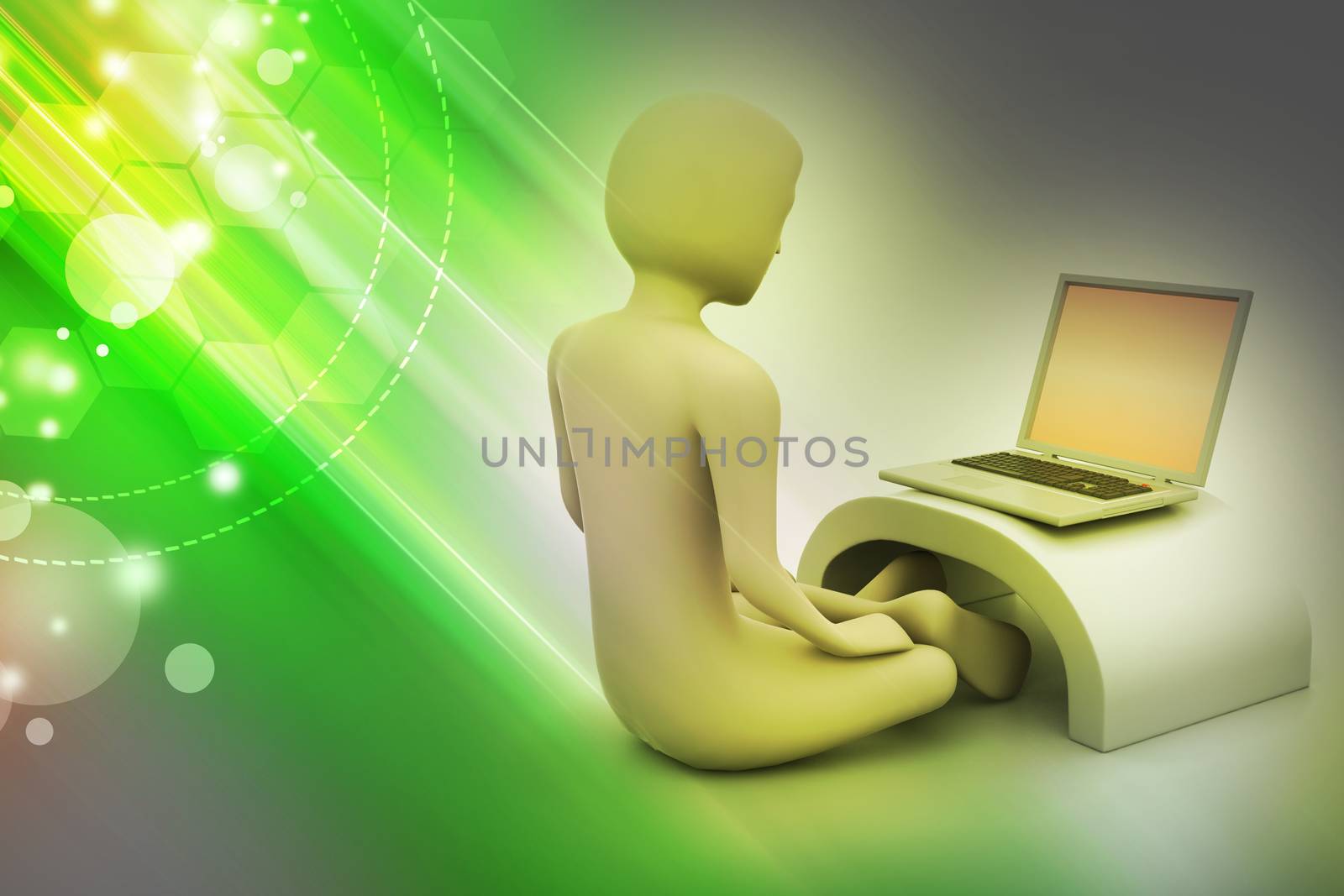 3d man in meditation with laptop by rbhavana