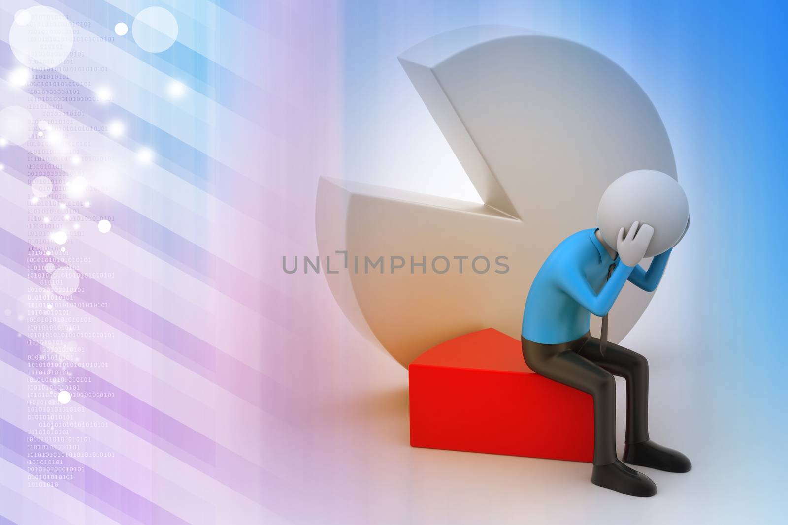 3d man sitting the piece of pie chart