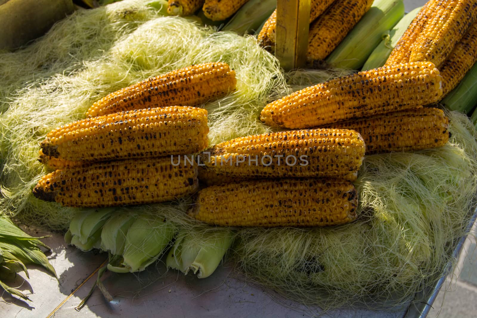 Charcoal grill sweet corns. corn cooked in barbecue barbecued corn on the roaster.