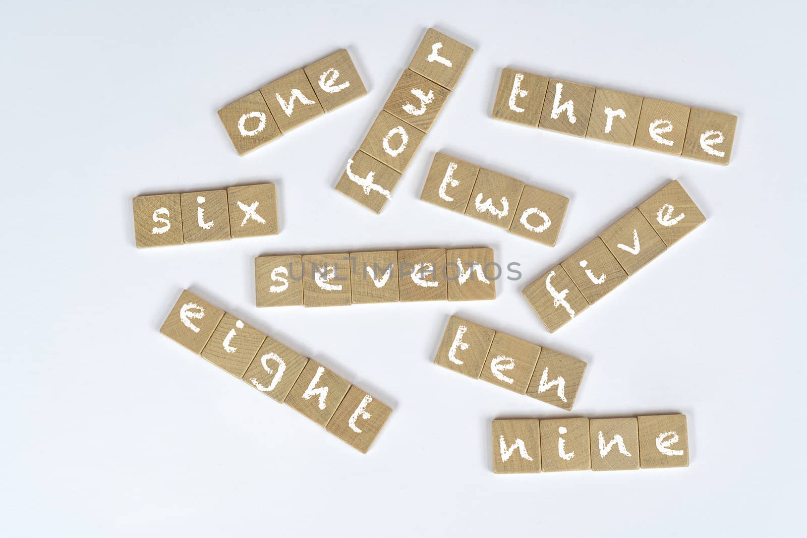 the numeration from one to ten on  wooden tiles