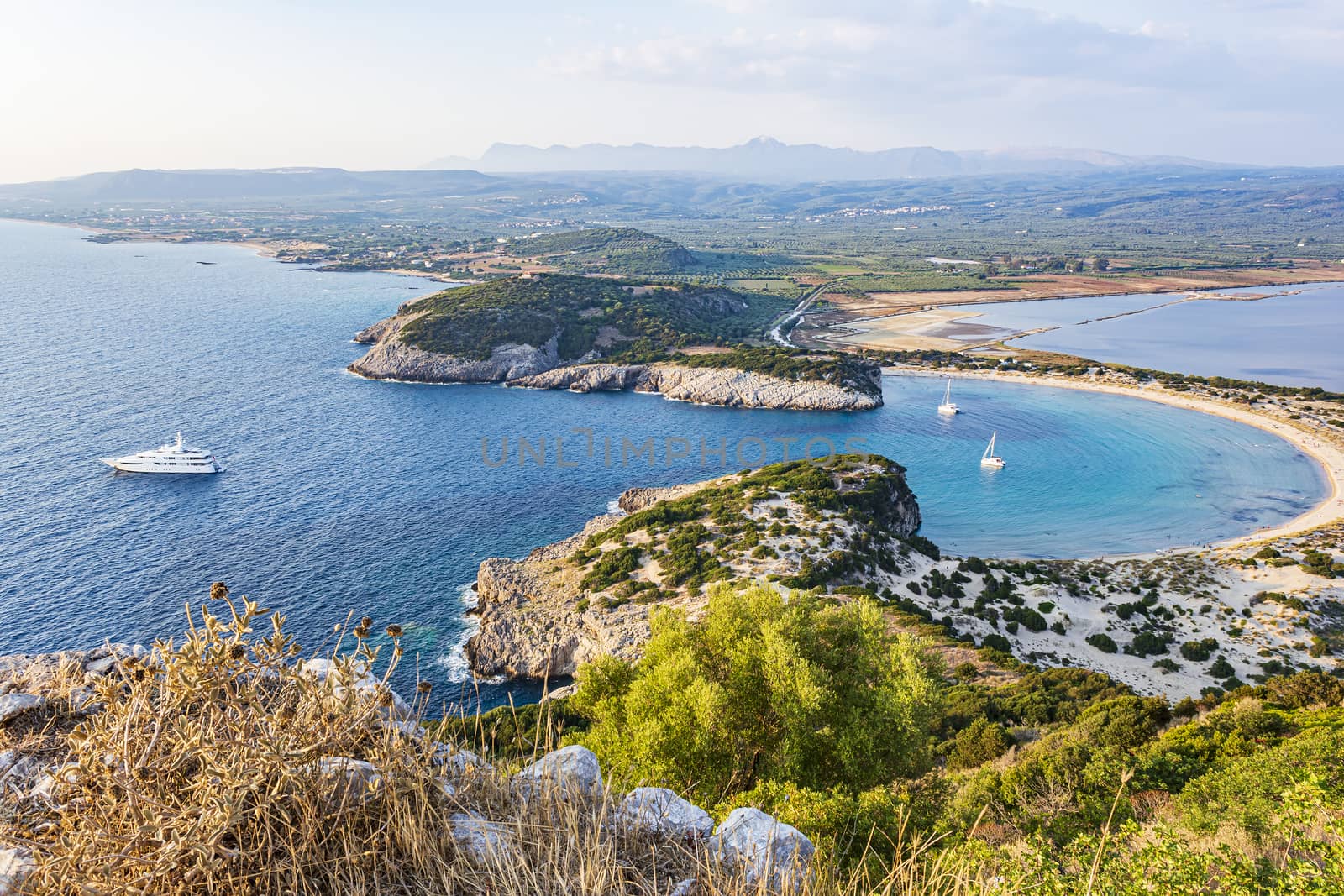 View of Voidokilia beach in the Peloponnese region of Greece, from the Palaiokastro (old Navarino Castle).