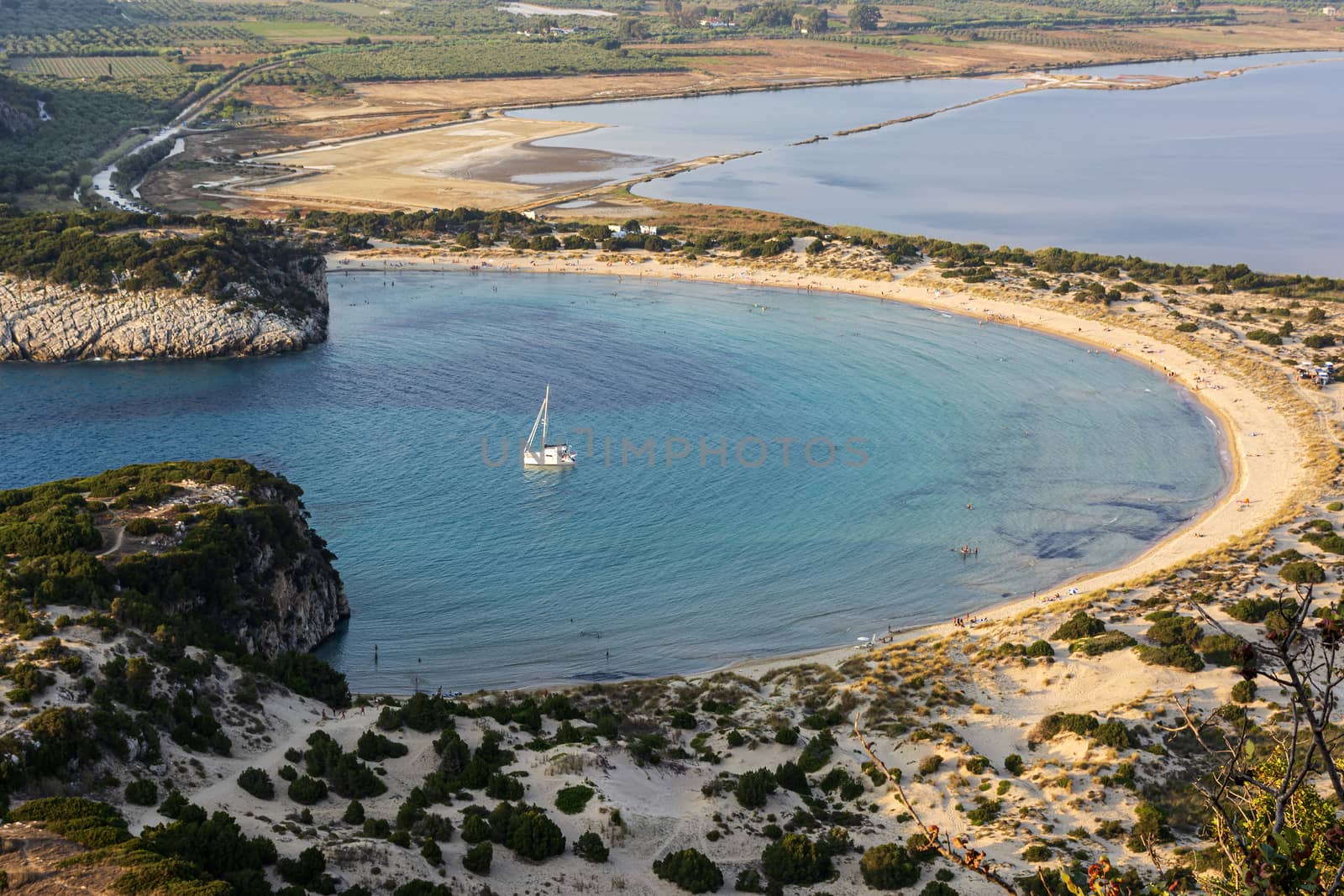 View of Voidokilia beach in the Peloponnese region of Greece, from the Palaiokastro (old Navarino Castle).