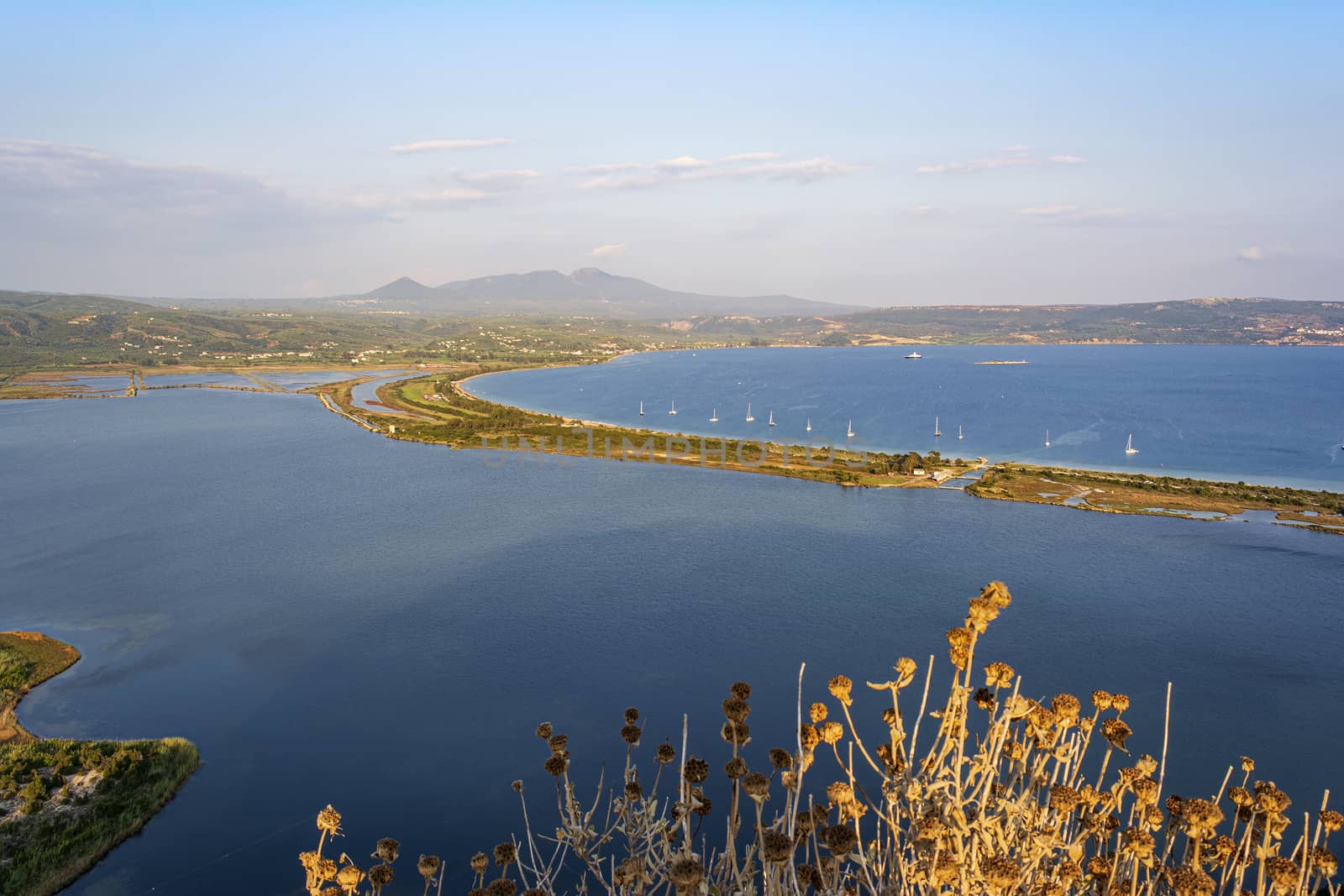 View of Divari Beach and the Divari lagoon in the Peloponnese region of Greece, from the Palaiokastro (old Navarino Castle).