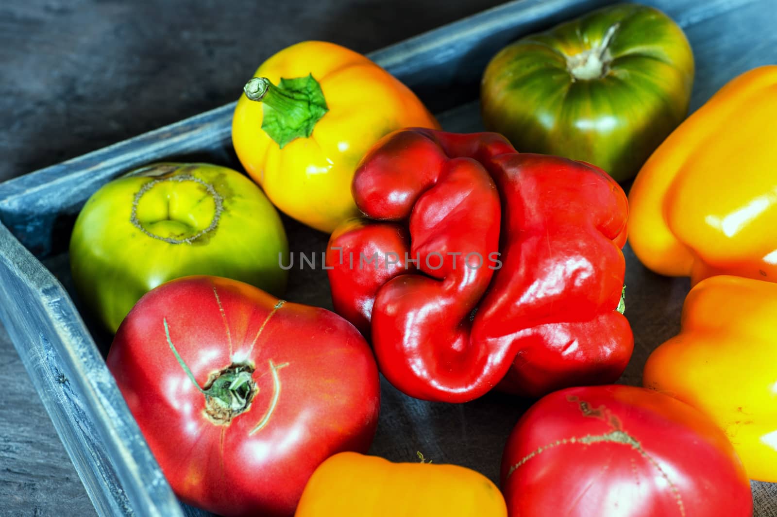 Imperfect natural peppers and tomatoes on an old wooden tray on a dark background. Healthy eating concept