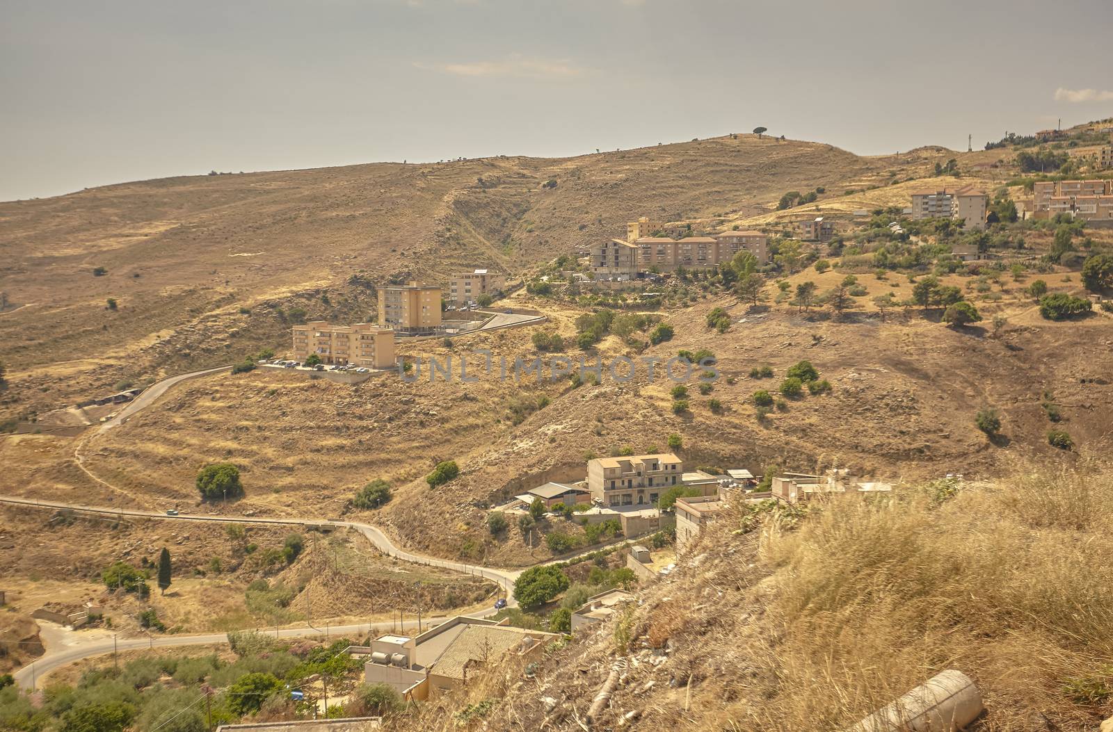 Panorama of the Sicilian hills and the town of Butera in the southern part of Sicily