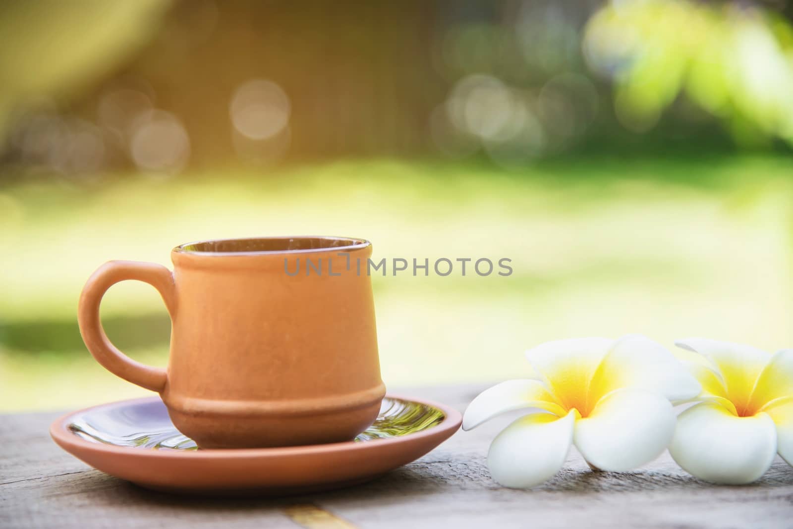 Coffee cup in green garden background - coffee with nature background concept by pairhandmade