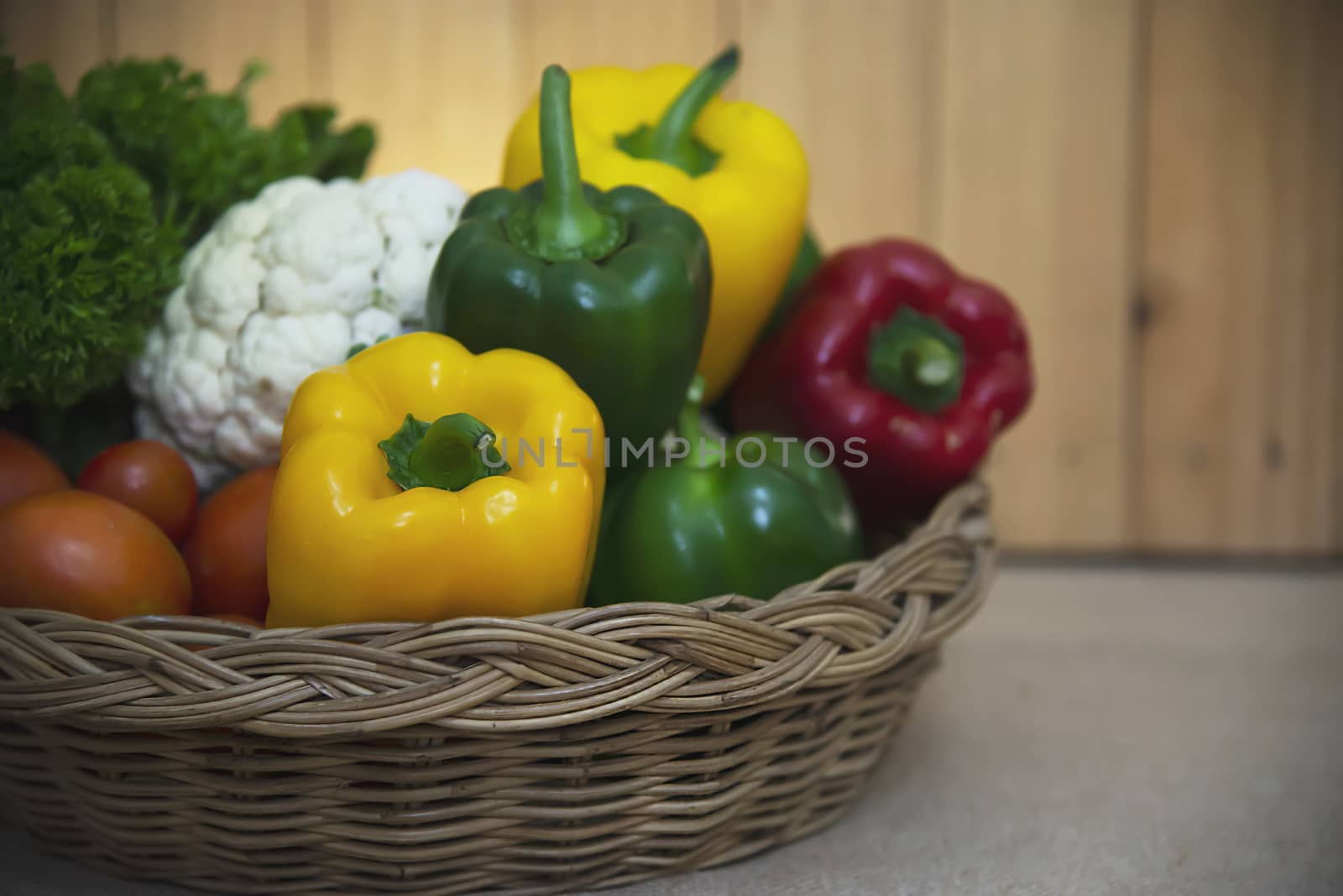 Fresh variety vegetable basket ready to be cooked in the kitchen - vegetable for making food background with copy space concept by pairhandmade