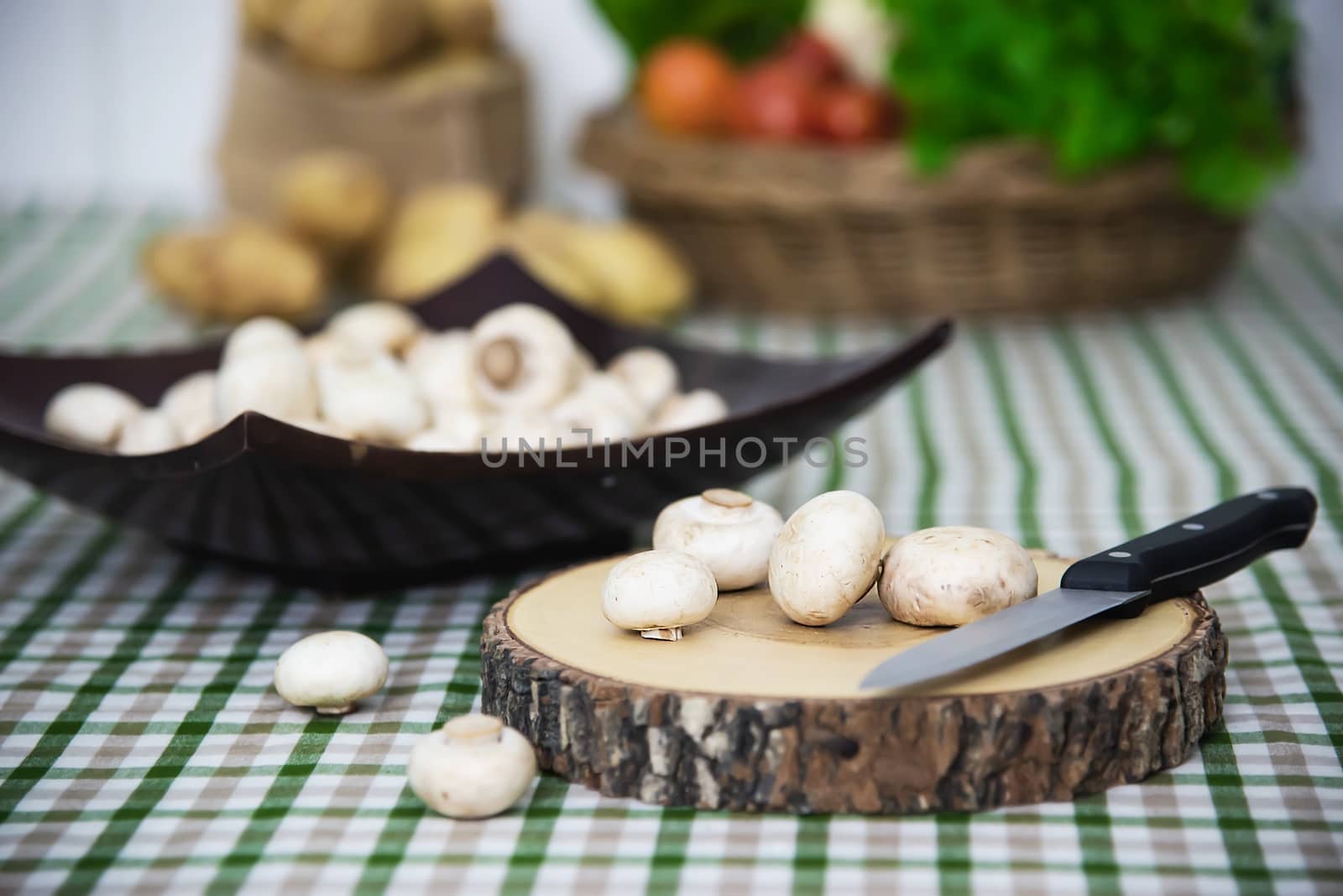 Fresh champignon mushroom vegetable in the kitchen - fresh mushroom vegetable cooking concept