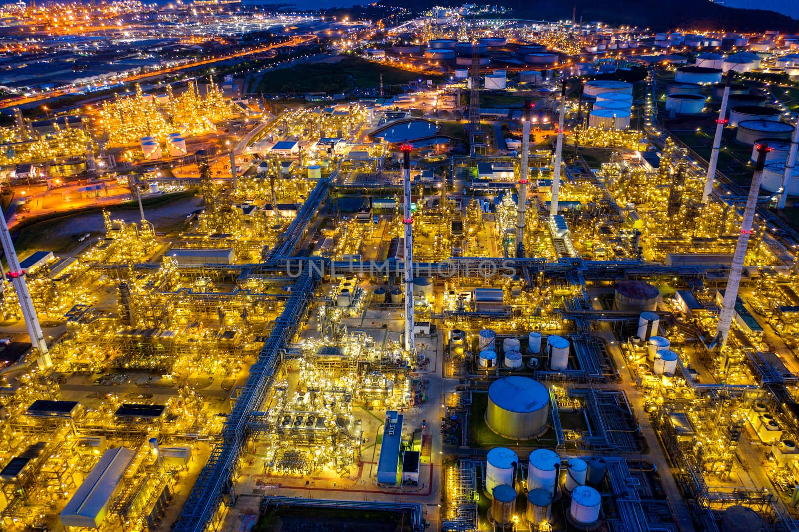 Aerial view of Oil refinery at twilight.