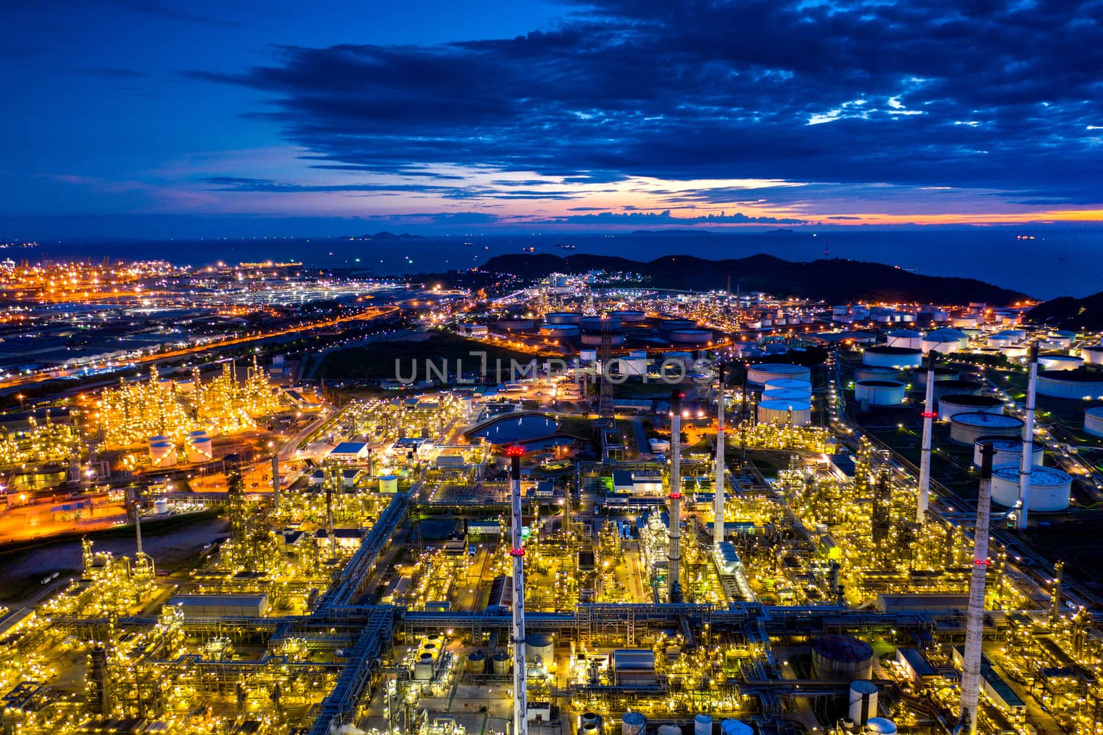 Aerial view of Oil refinery at twilight.