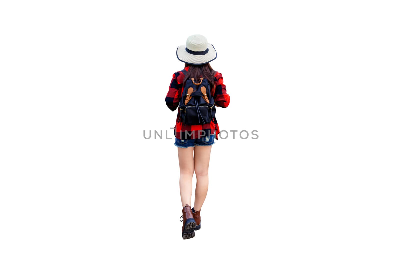 Woman traveler with backpack isolated on white background.
