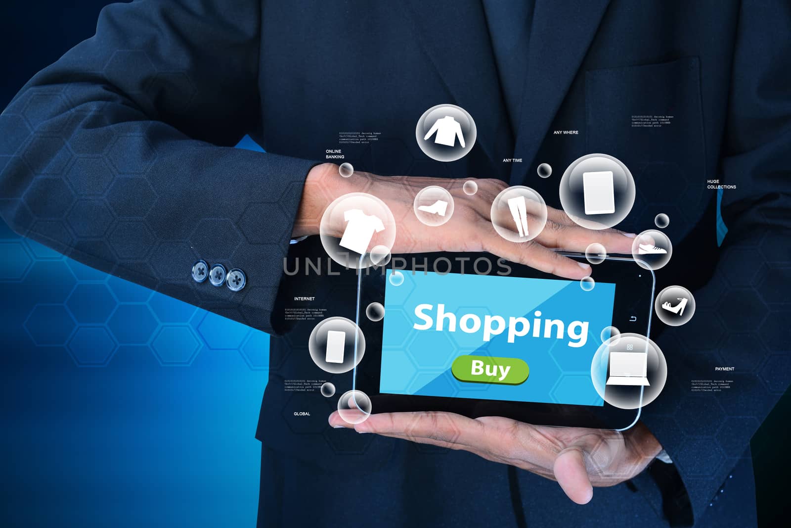 Business man showing Online shopping concept in color background