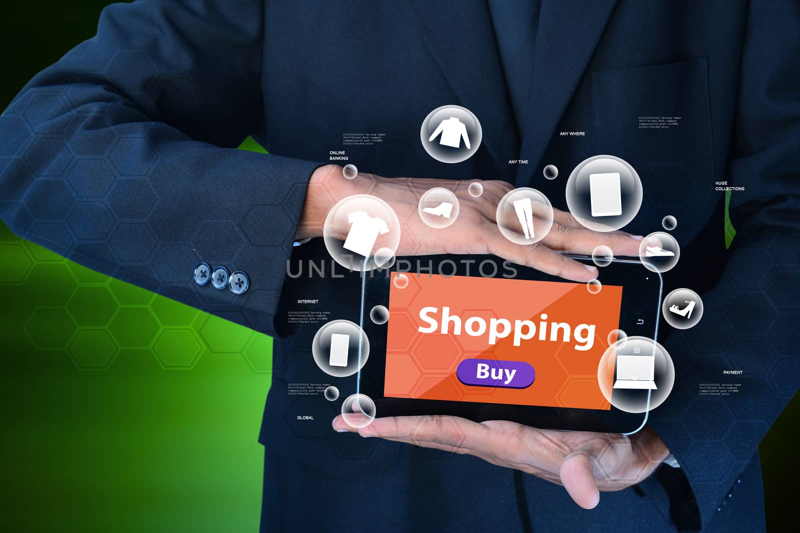 Business man showing Online shopping concept in color background