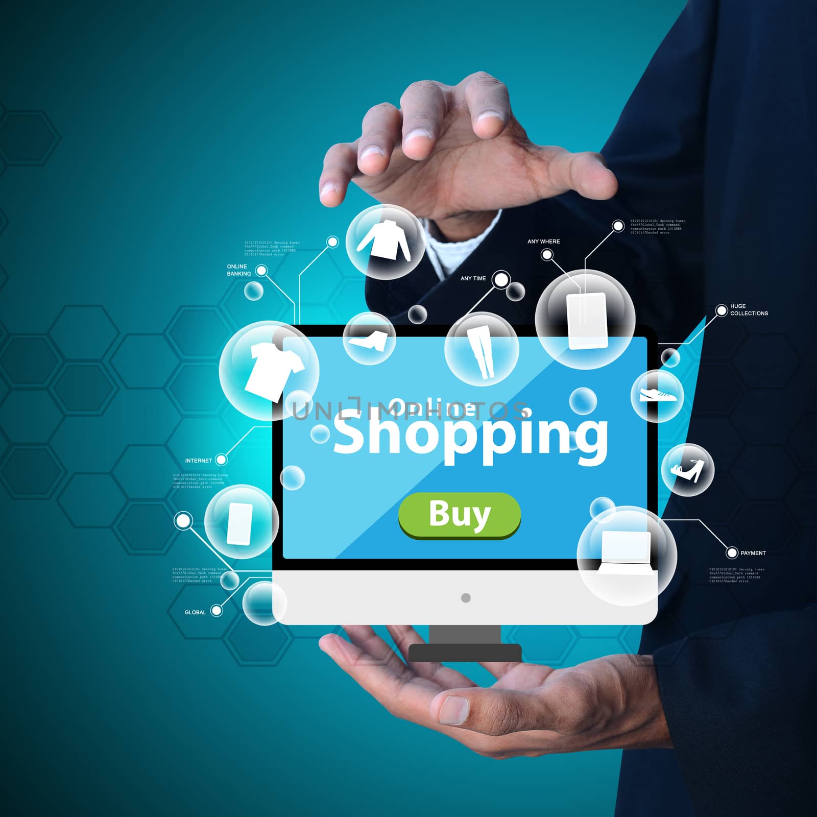 Business man showing Online shopping concept in color background