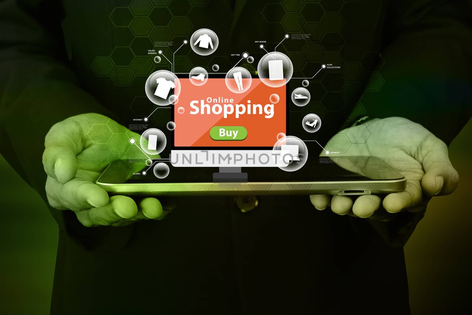 Business man showing Online shopping concept in color background