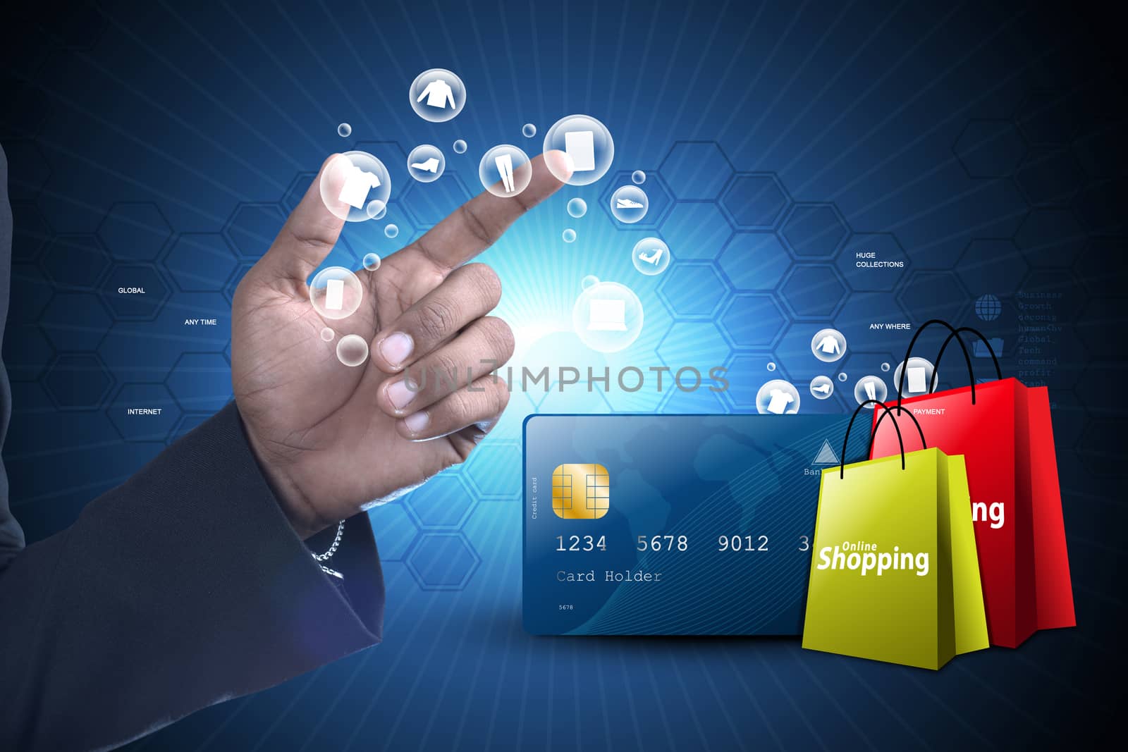 Business man showing Online shopping concept in color background