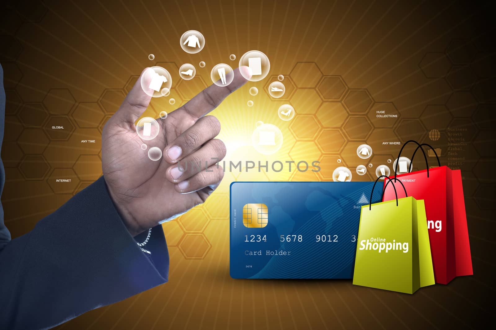 Business man showing Online shopping concept in color background