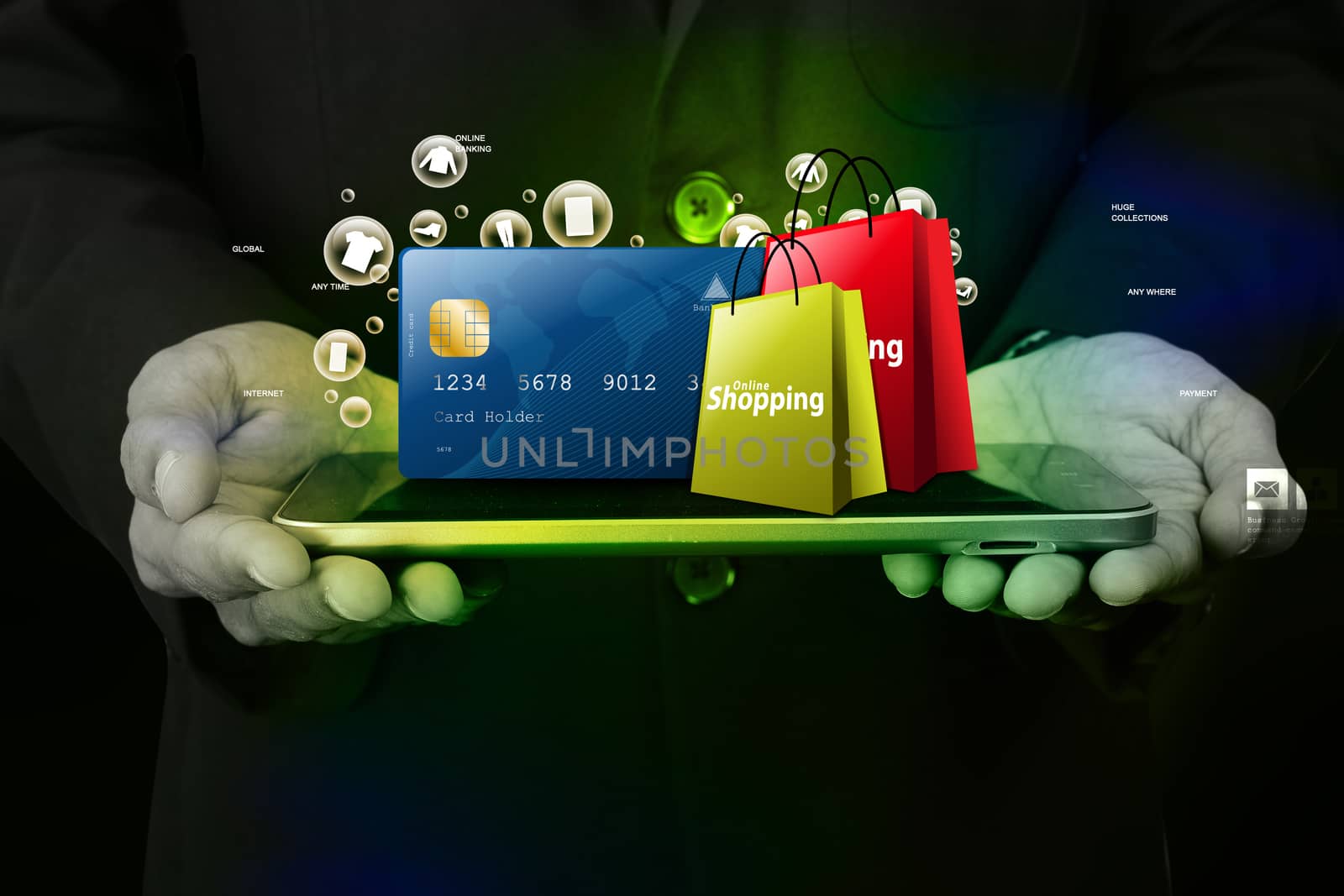 Business man showing Online shopping concept in color background