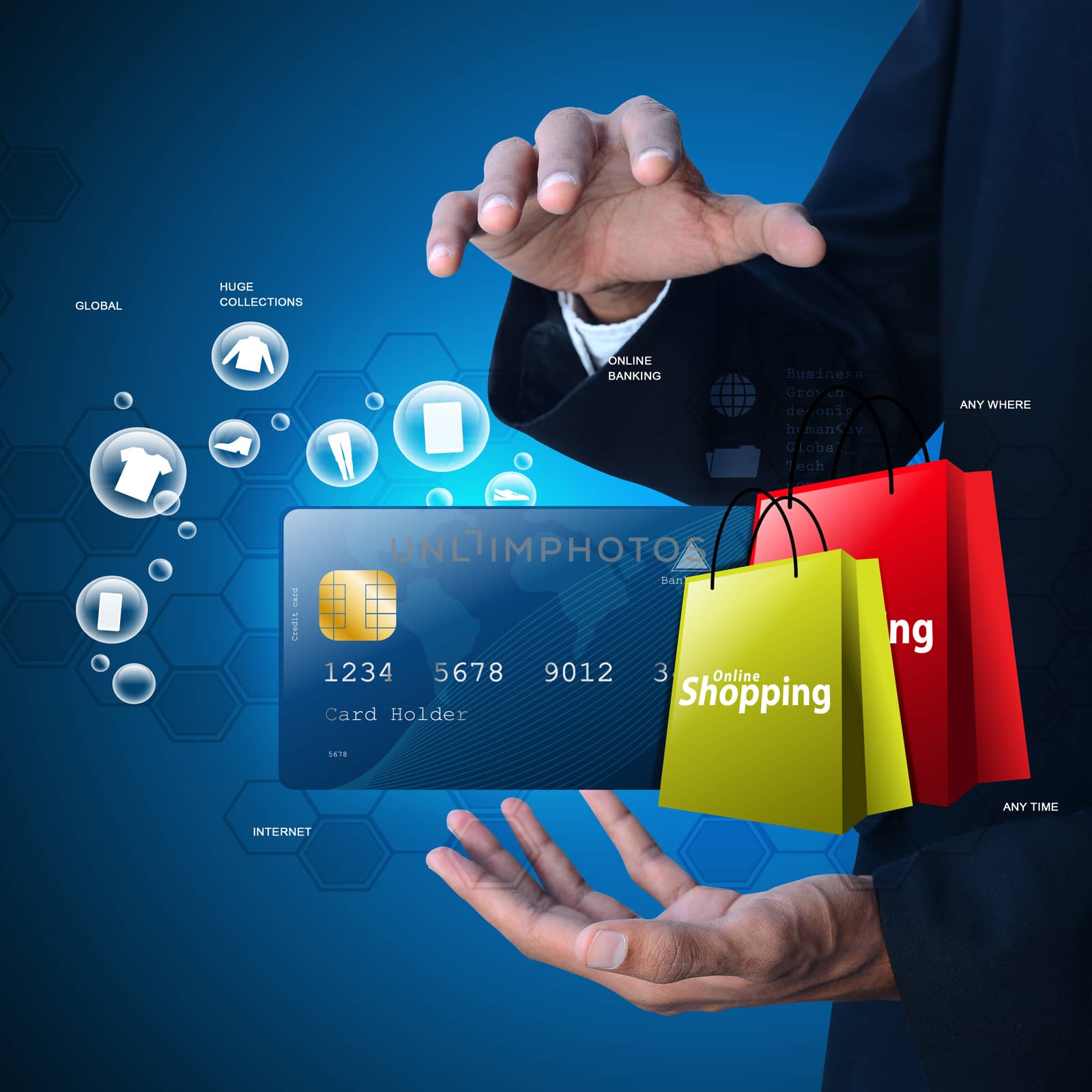 Business man showing Online shopping concept in color background