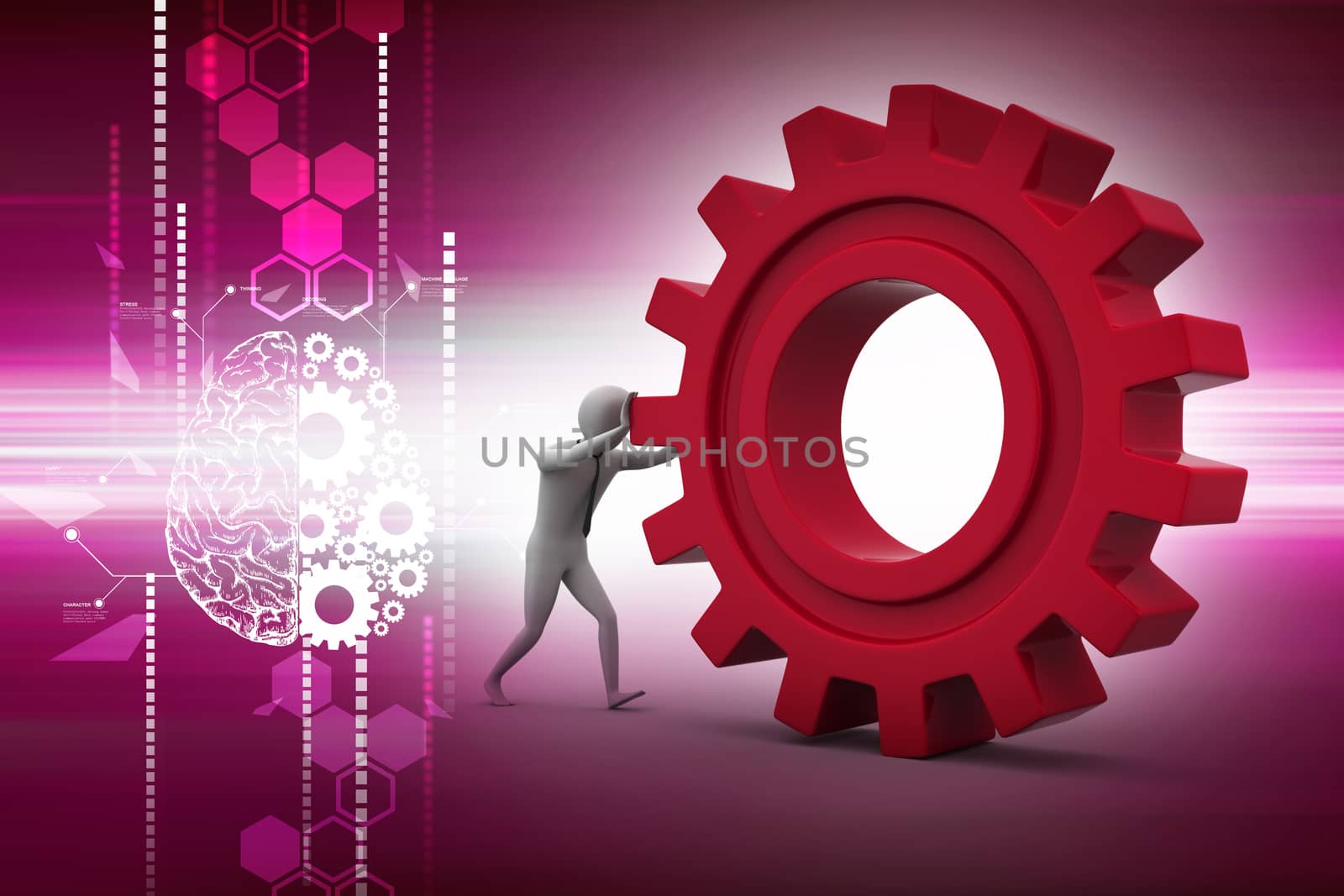 Man pushing gear wheel in color background