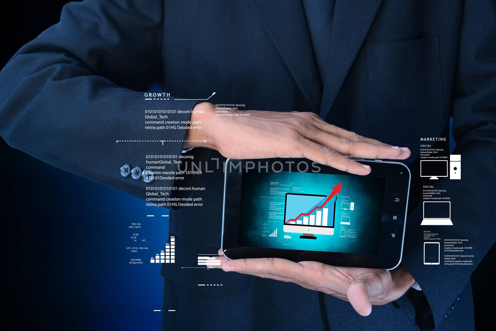 Man showing smart phone with successive graph in color background