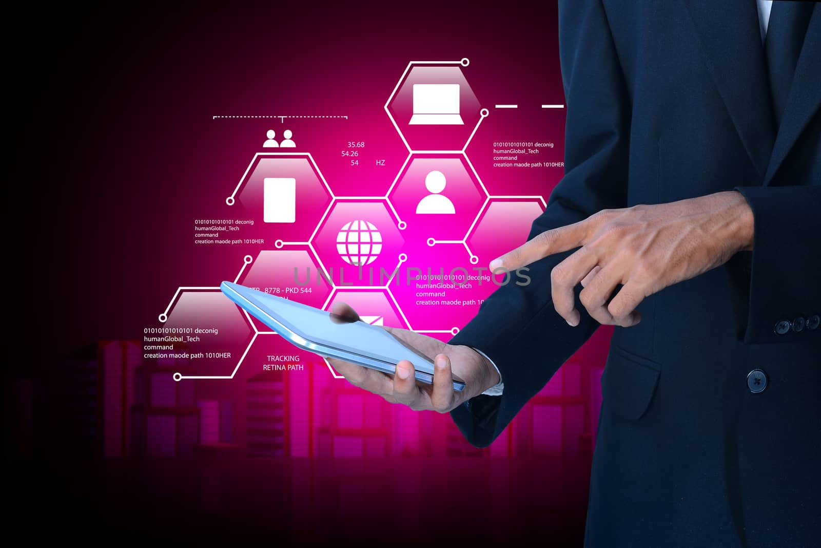 Man showing networking on mobile phone in color background