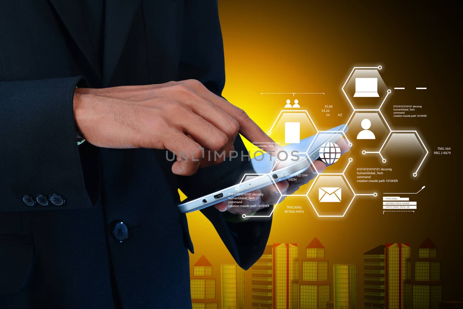 Man showing networking on mobile phone in color background